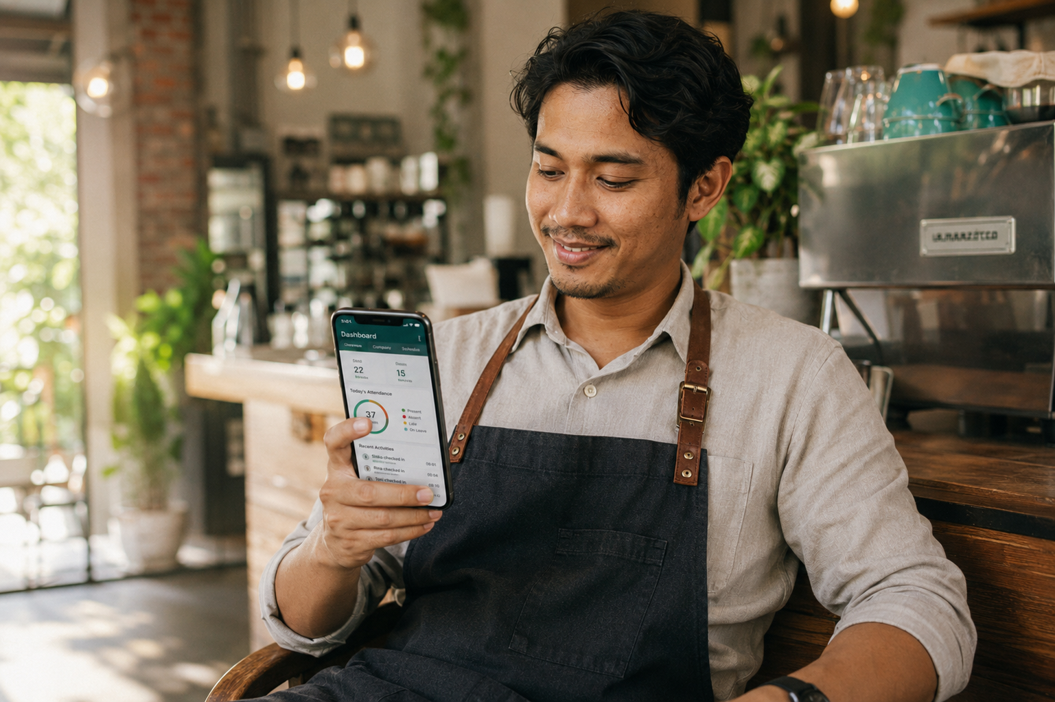 Owner UMKM tenang melihat dashboard di HP